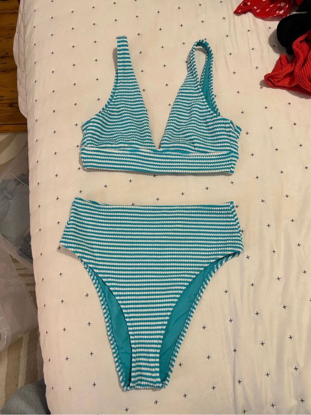 aerie Teal and White Striped crinkle Bikini